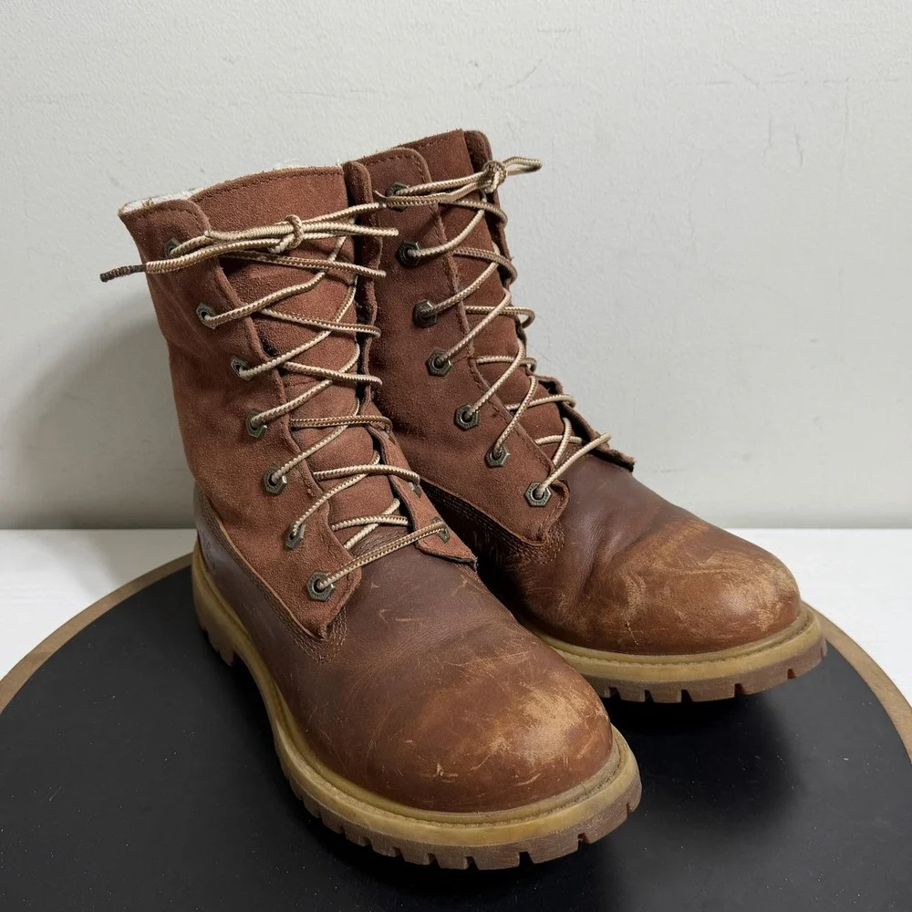 Timberland Boots Men Size 5 Brown Leather Shearling Lined Fold‎ Down Grunge